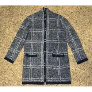 BANANA REPUBLIC Long Line Cardigan Sweater Duster Windowpane Plaid Blue Soft SM